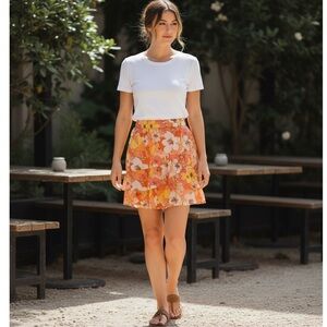 Floral Orange Ruffle Skirt Large NWOT